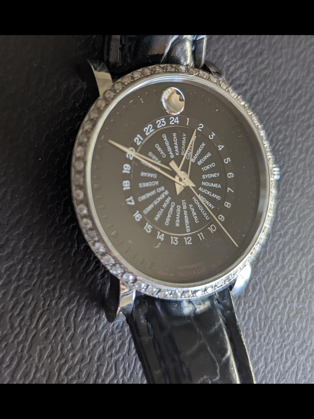 Movado Black Dial Diamond Bezel Watch with Black Strap - Picture 2 of 14